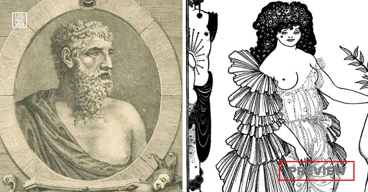 L-R: Aristophanes (from the NYPL Collection; Creative Commons CC0 1.0 Universal Public Domain Dedication); Aubrey Beardsley: Aristophanes Lysistrata, 1896 (Public domain)