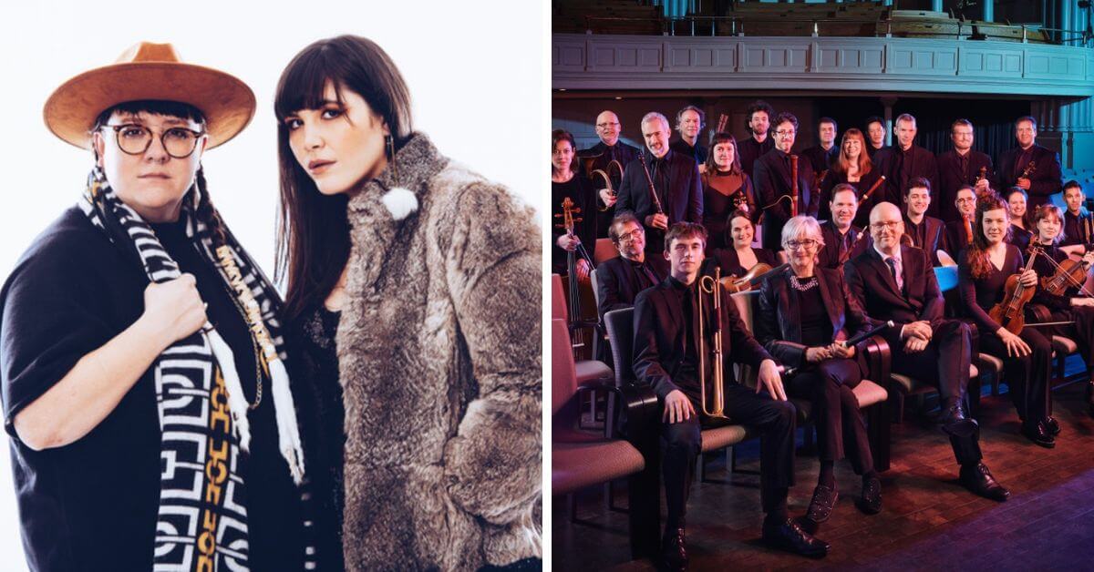 L: Composer, cellist Cris Derkson & Rebecca Benson; R: singer The Arion Baroque Orchestra (Photo: Martin Girard)