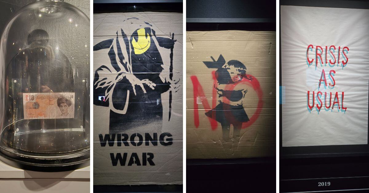 Images from the Banksy Exhibit in Toronto, including the Di-Faced Tenner (L under glass) (Photos: Anya Wassenberg)