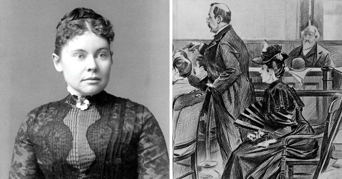 L-R: Lizzie Borden in 1890 (Public domain); The Borden murder trial—A scene in the court-room before the acquittal - Lizzie Borden, the accused, and her counsel, Ex-Governor Robinson. Illustration in Frank Leslie's illustrated newspaper, v. 76 (1893 June 29), p. 411 (B.W. Clinedinst/CC BY 3.0)