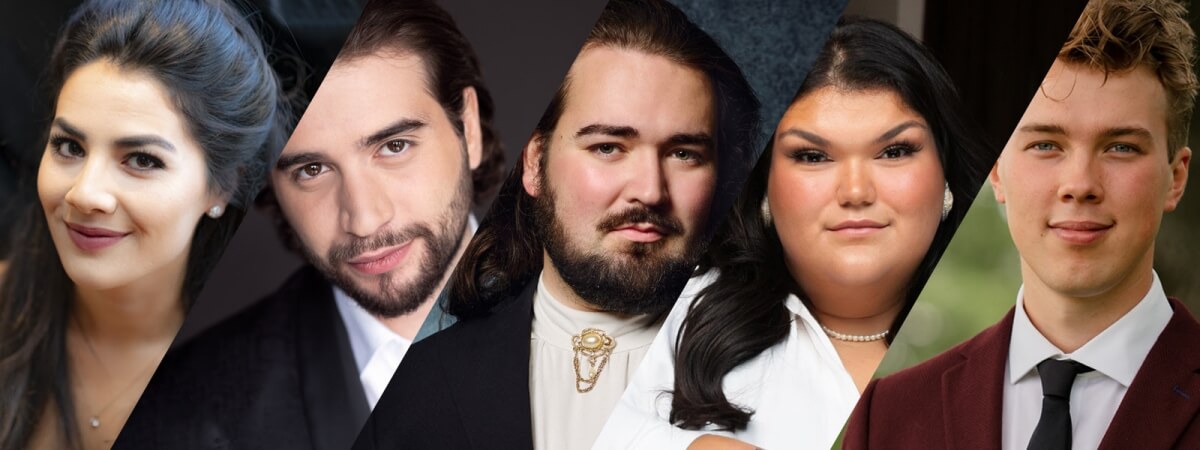 Incoming singers of the Canadian Opera Company 2025/2026 Ensemble Studio, L-R: Ariana Maubach, Angelo Moretti, Nicholas Murphy, Emma Pennell, and Ben Wallace (all photos courtesy of the artists)