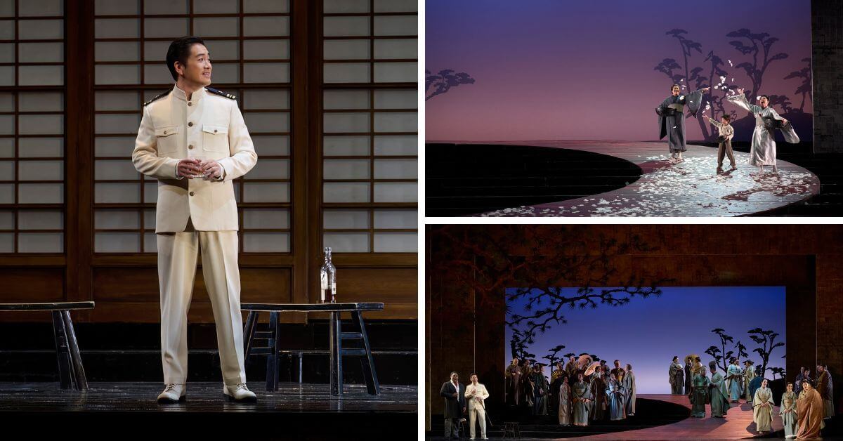 L-R (clockwise): Kang Wang as Pinkerton in the Canadian Opera Company’s production of Madama Butterfly, 2025 (Photo: Michael Cooper); Hyona Kim as Suzuki, Naleya Sayavong as Sorrow, Eri Nakamura as Cio-Cio San in the Canadian Opera Company’s production of Madama Butterfly, 2025 (Photo: Michael Cooper); A scene from the Canadian Opera Company’s production of Madama Butterfly, 2025 (Photo: Michael Cooper)